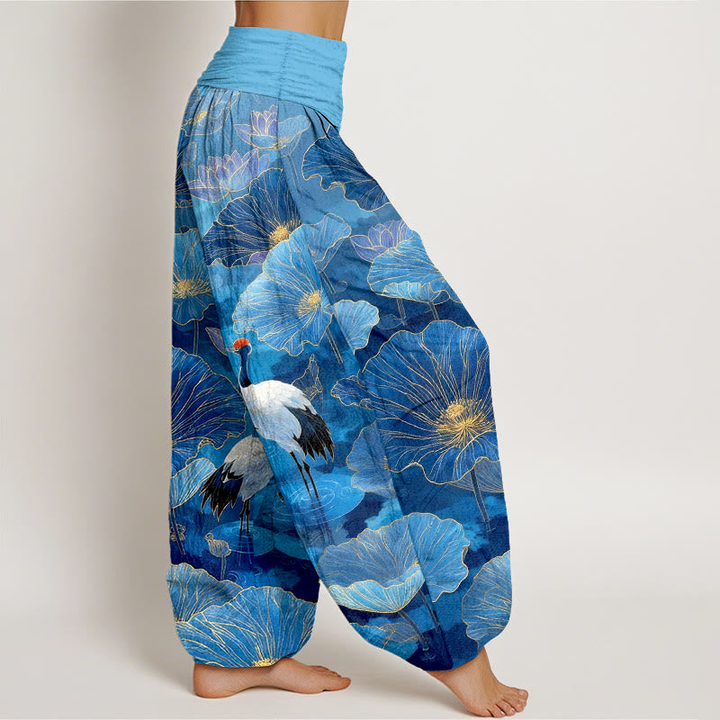 Buddha Stones Pantalones harem de mujer con cintura elástica, elegantes, de algodón puro, con estampado de grulla, flor de loto y hojas. - image 10