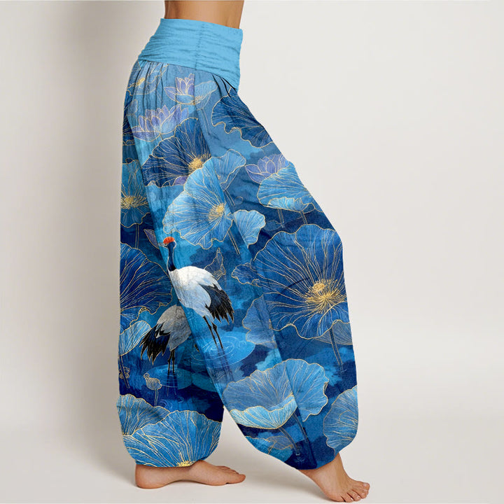 Buddha Stones Pantalones harem de mujer con cintura elástica, elegantes, de algodón puro, con estampado de grulla, flor de loto y hojas. - image 10