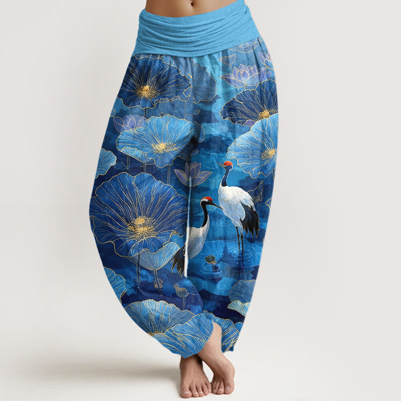 Buddha Stones Pantalones harem de mujer con cintura elástica, elegantes, de algodón puro, con estampado de grulla, flor de loto y hojas. - Azul cielo profundo - US16，UK/AU20，EU48 (3XL) - image 8