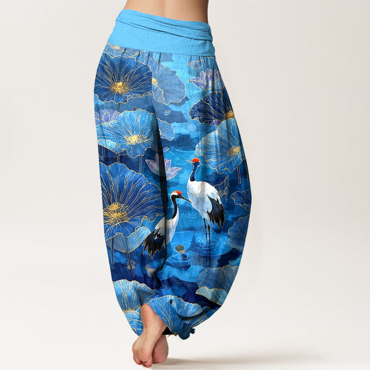Buddha Stones Pantalones harem de mujer con cintura elástica, elegantes, de algodón puro, con estampado de grulla, flor de loto y hojas. - image 9