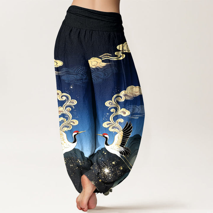 Buddha Stones Pantalones harem de algodón puro con estampado de grullas, nubes y montañas de colores para mujer, con cintura elástica. - image 1