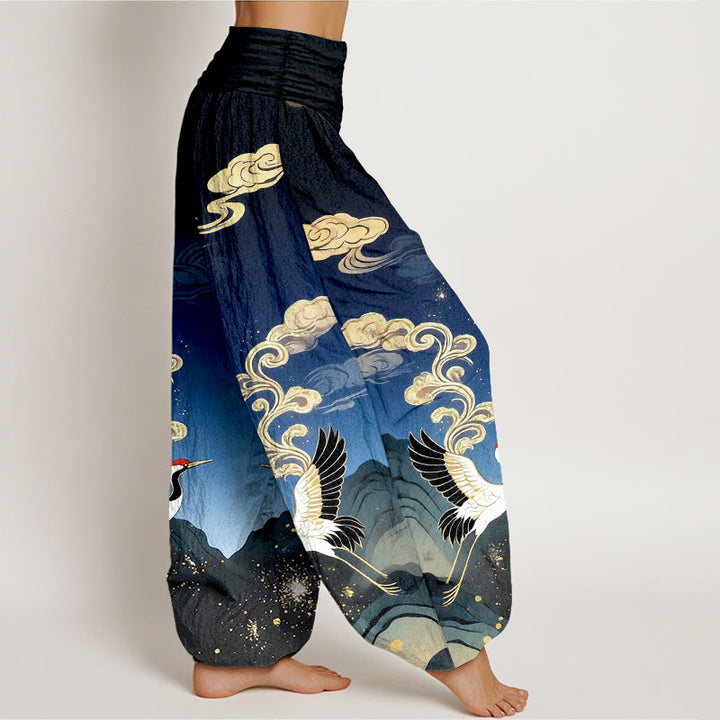 Buddha Stones Pantalones harem de algodón puro con estampado de grullas, nubes y montañas de colores para mujer, con cintura elástica. - image 2