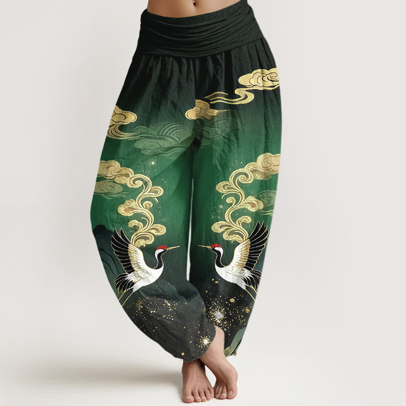 Buddha Stones Pantalones harem de algodón puro con estampado de grullas, nubes y montañas de colores para mujer, con cintura elástica. - Verde - US16，UK/AU20，EU48 (3XL) - image 5