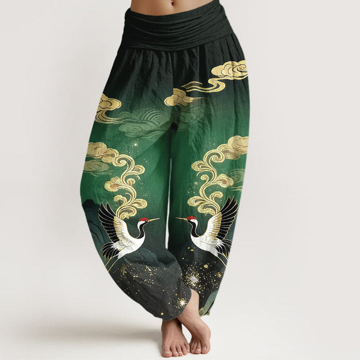 Buddha Stones Pantalones harem de algodón puro con estampado de grullas, nubes y montañas de colores para mujer, con cintura elástica. - Verde - US16，UK/AU20，EU48 (3XL) - image 5