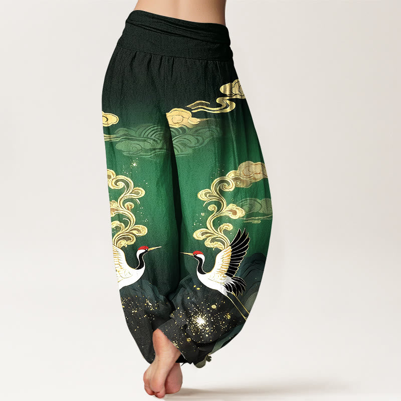 Buddha Stones Pantalones harem de algodón puro con estampado de grullas, nubes y montañas de colores para mujer, con cintura elástica. - image 6