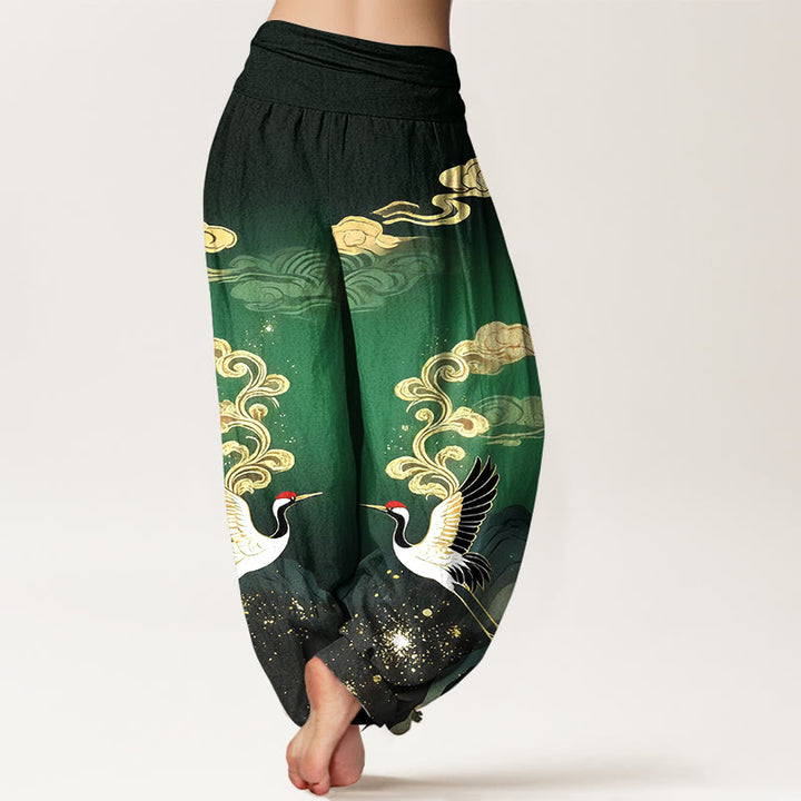 Buddha Stones Pantalones harem de algodón puro con estampado de grullas, nubes y montañas de colores para mujer, con cintura elástica. - image 6