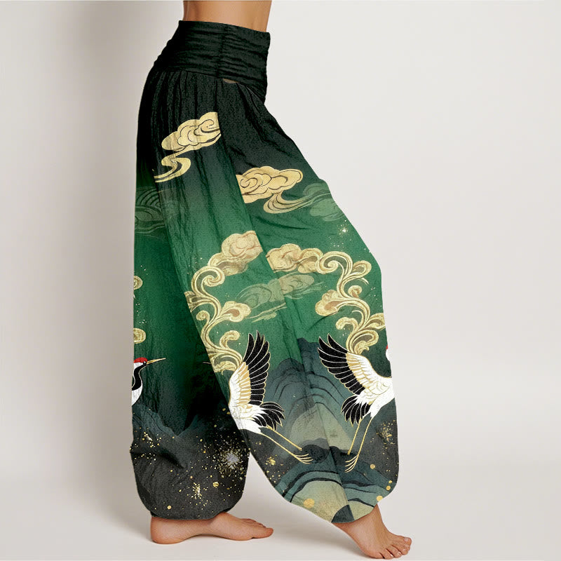 Buddha Stones Pantalones harem de algodón puro con estampado de grullas, nubes y montañas de colores para mujer, con cintura elástica. - image 7