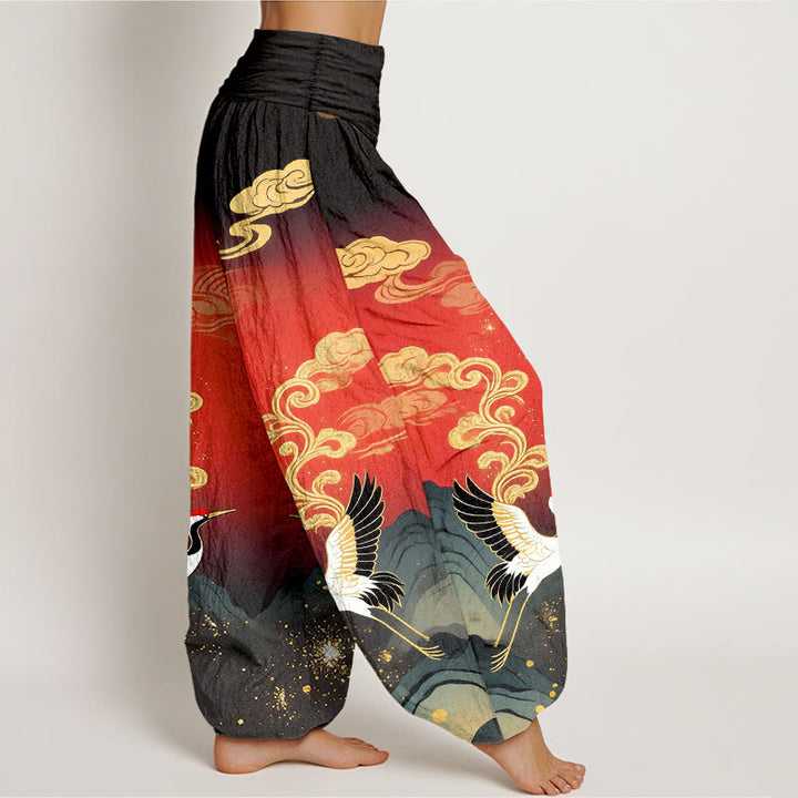 Buddha Stones Pantalones harem de algodón puro con estampado de grullas, nubes y montañas de colores para mujer, con cintura elástica. - image 10