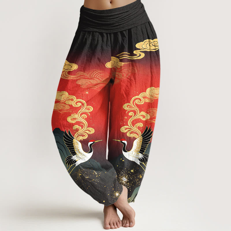 Buddha Stones Pantalones harem de algodón puro con estampado de grullas, nubes y montañas de colores para mujer, con cintura elástica. - Rojo - US16，UK/AU20，EU48 (3XL) - image 8