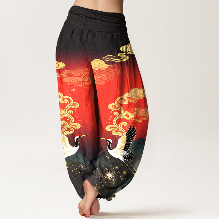 Buddha Stones Pantalones harem de algodón puro con estampado de grullas, nubes y montañas de colores para mujer, con cintura elástica. - image 9