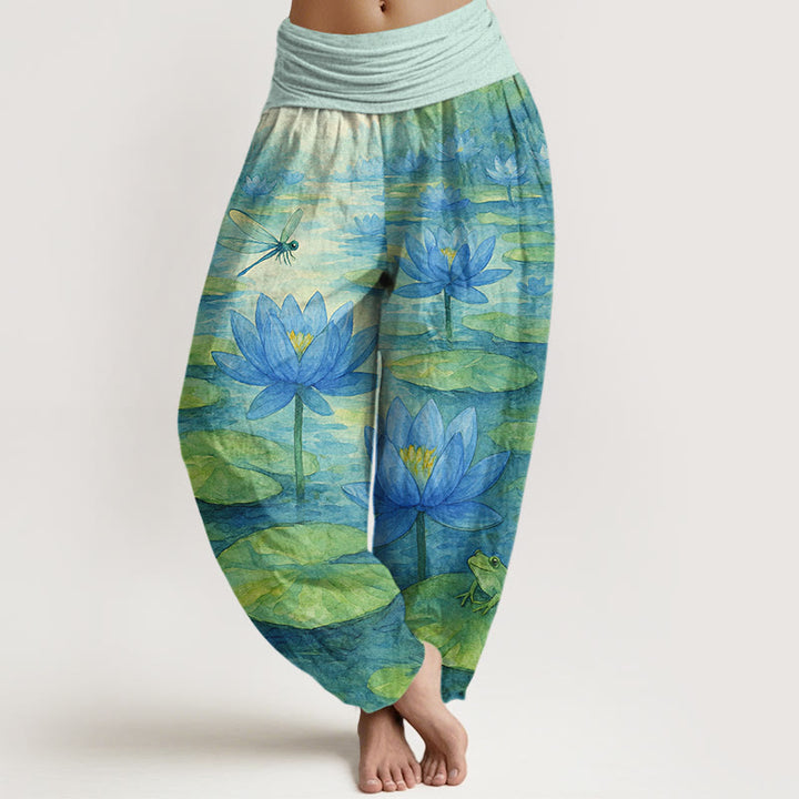 Buddha Stones Pantalones harem de mujer con cintura elástica, de algodón puro, con estampado elegante de flor de loto, hoja, libélula y rana. - Turquesa pálido - US16，UK/AU20，EU48 (3XL) - image 0