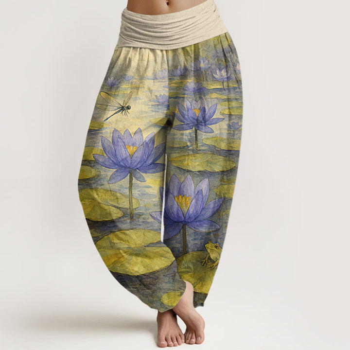 Buddha Stones Pantalones harem de mujer con cintura elástica, de algodón puro, con estampado elegante de flor de loto, hoja, libélula y rana. - Chifón de limón - US16，UK/AU20，EU48 (3XL) - image 5