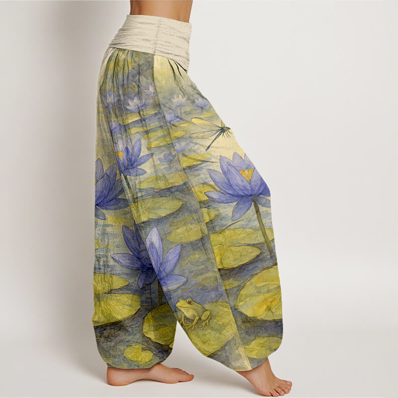 Buddha Stones Pantalones harem de mujer con cintura elástica, de algodón puro, con estampado elegante de flor de loto, hoja, libélula y rana. - image 7