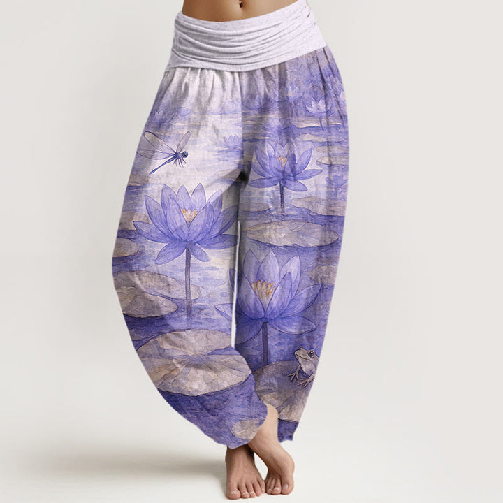 Buddha Stones Pantalones harem de mujer con cintura elástica, de algodón puro, con estampado elegante de flor de loto, hoja, libélula y rana. - Lavanda - US16，UK/AU20，EU48 (3XL) - image 8