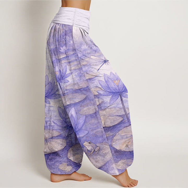 Buddha Stones Pantalones harem de mujer con cintura elástica, de algodón puro, con estampado elegante de flor de loto, hoja, libélula y rana. - image 10