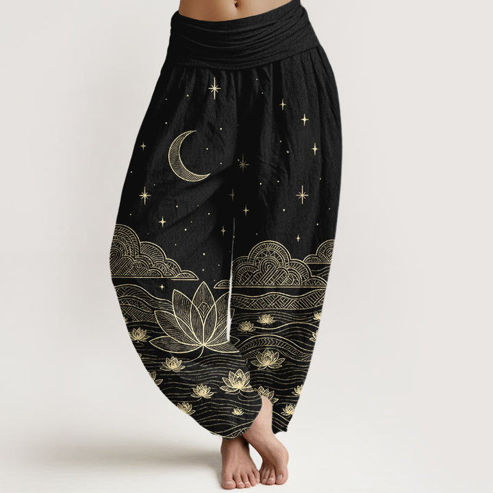 Buddha Stones Pantalones harem de mujer con cintura elástica, elegantes, de algodón puro, con estampado de luna, estrella, nube, flor de loto y ondas de agua. - Negro - US16，UK/AU20，EU48 (3XL) - image 0