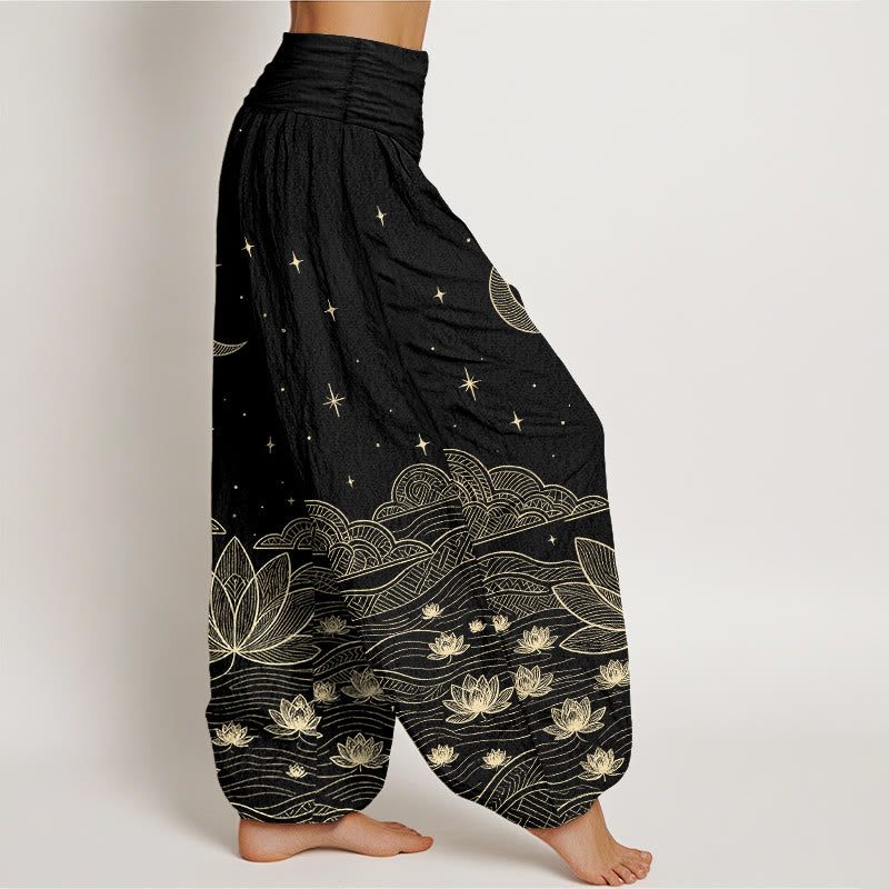 Buddha Stones Pantalones harem de mujer con cintura elástica, elegantes, de algodón puro, con estampado de luna, estrella, nube, flor de loto y ondas de agua. - image 2