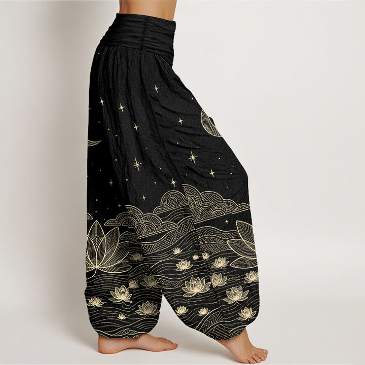 Buddha Stones Pantalones harem de mujer con cintura elástica, elegantes, de algodón puro, con estampado de luna, estrella, nube, flor de loto y ondas de agua. - image 2