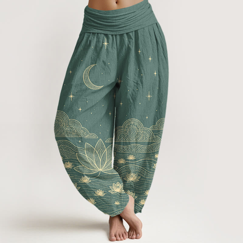 Buddha Stones Pantalones harem de mujer con cintura elástica, elegantes, de algodón puro, con estampado de luna, estrella, nube, flor de loto y ondas de agua. - Verde mar claro - US16，UK/AU20，EU48 (3XL) - image 5