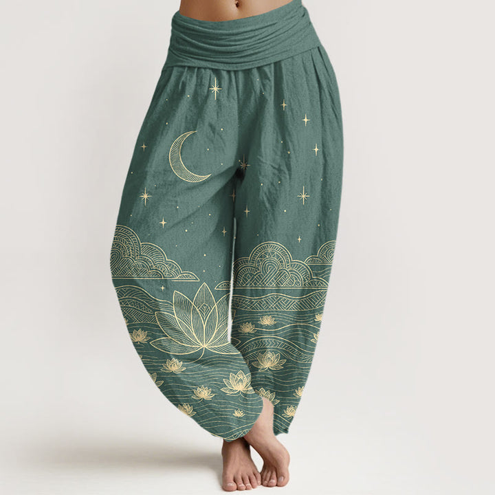 Buddha Stones Pantalones harem de mujer con cintura elástica, elegantes, de algodón puro, con estampado de luna, estrella, nube, flor de loto y ondas de agua. - Verde mar claro - US16，UK/AU20，EU48 (3XL) - image 5