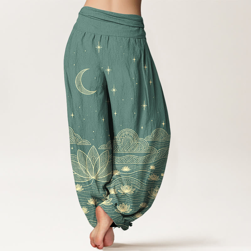 Buddha Stones Pantalones harem de mujer con cintura elástica, elegantes, de algodón puro, con estampado de luna, estrella, nube, flor de loto y ondas de agua. - image 6