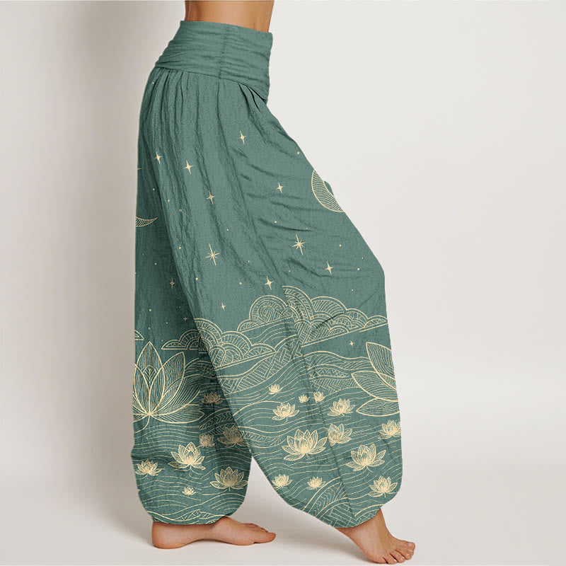 Buddha Stones Pantalones harem de mujer con cintura elástica, elegantes, de algodón puro, con estampado de luna, estrella, nube, flor de loto y ondas de agua. - image 7