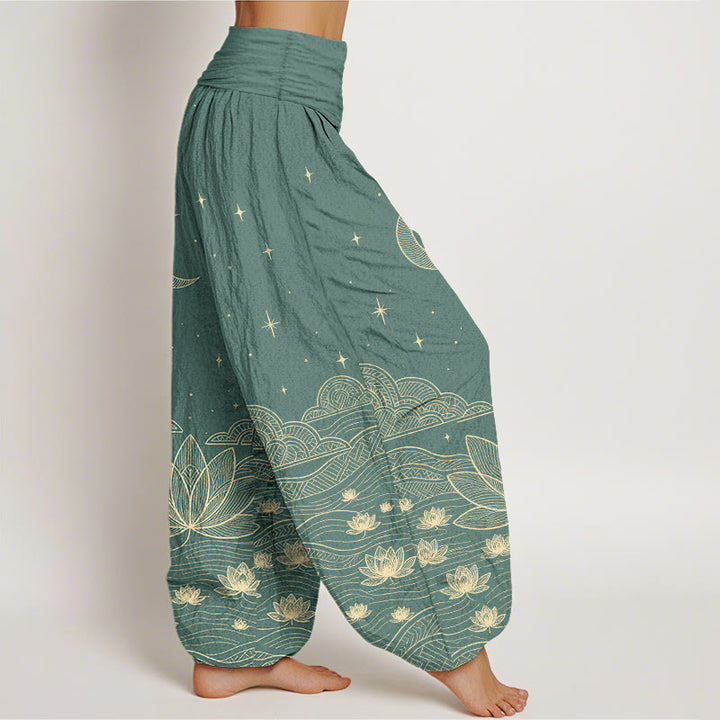 Buddha Stones Pantalones harem de mujer con cintura elástica, elegantes, de algodón puro, con estampado de luna, estrella, nube, flor de loto y ondas de agua. - image 7