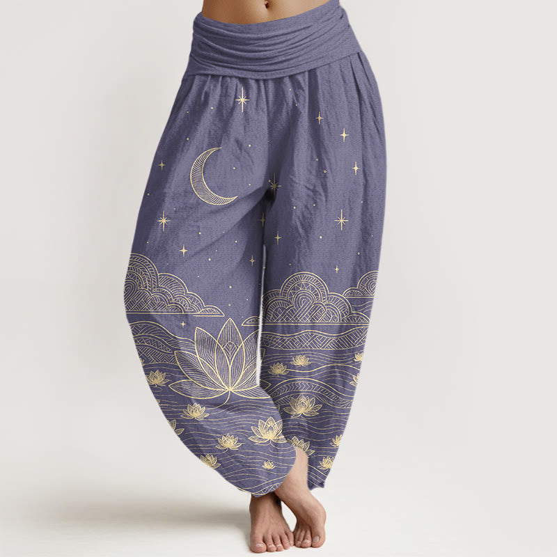 Buddha Stones Pantalones harem de mujer con cintura elástica, elegantes, de algodón puro, con estampado de luna, estrella, nube, flor de loto y ondas de agua. - Morado medio - US16，UK/AU20，EU48 (3XL) - image 8