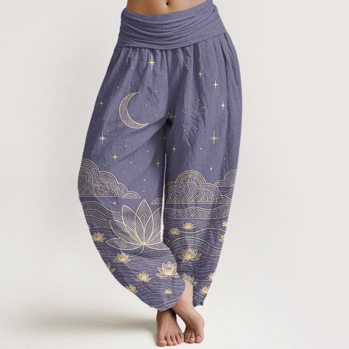 Buddha Stones Pantalones harem de mujer con cintura elástica, elegantes, de algodón puro, con estampado de luna, estrella, nube, flor de loto y ondas de agua. - Morado medio - US16，UK/AU20，EU48 (3XL) - image 8