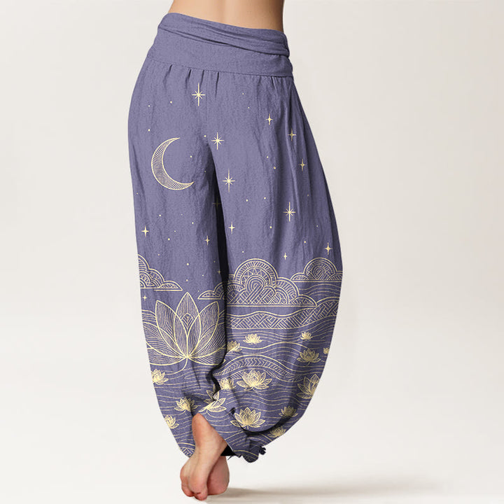 Buddha Stones Pantalones harem de mujer con cintura elástica, elegantes, de algodón puro, con estampado de luna, estrella, nube, flor de loto y ondas de agua. - image 9