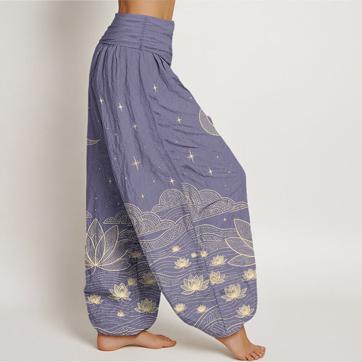 Buddha Stones Pantalones harem de mujer con cintura elástica, elegantes, de algodón puro, con estampado de luna, estrella, nube, flor de loto y ondas de agua. - image 10