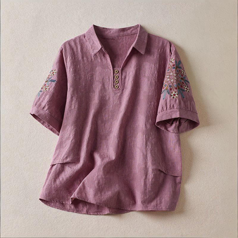 Buddha Stones Camiseta informal de algodón con solapa y estampado floral para mujer - Orquídea mediana - US12, UK/AU16, EU44 (3XL) - image 0