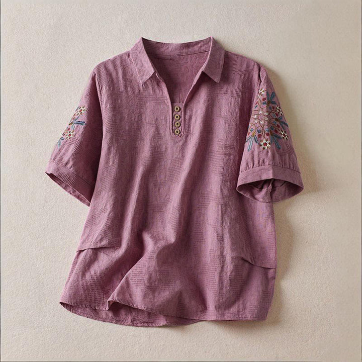 Buddha Stones Camiseta informal de algodón con solapa y estampado floral para mujer - Orquídea mediana - US12, UK/AU16, EU44 (3XL) - image 0