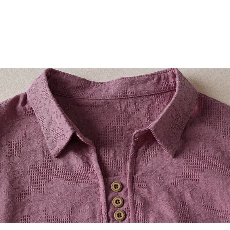 Buddha Stones Camiseta informal de algodón con solapa y estampado floral para mujer - image 7
