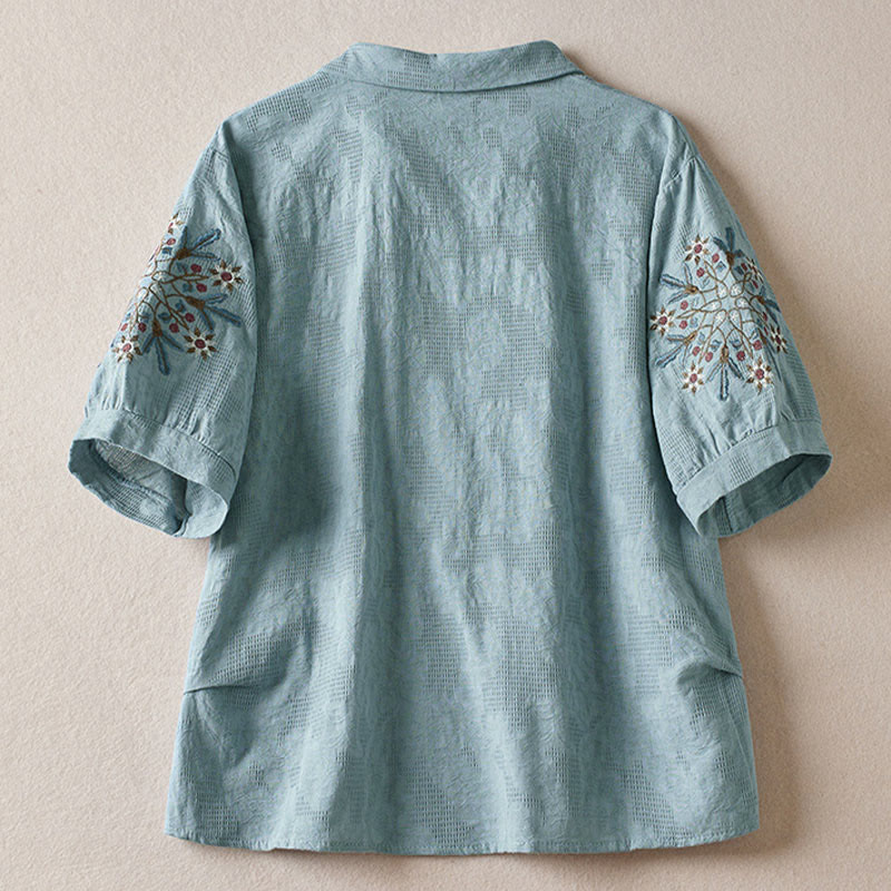 Buddha Stones Camiseta informal de algodón con solapa y estampado floral para mujer - image 9
