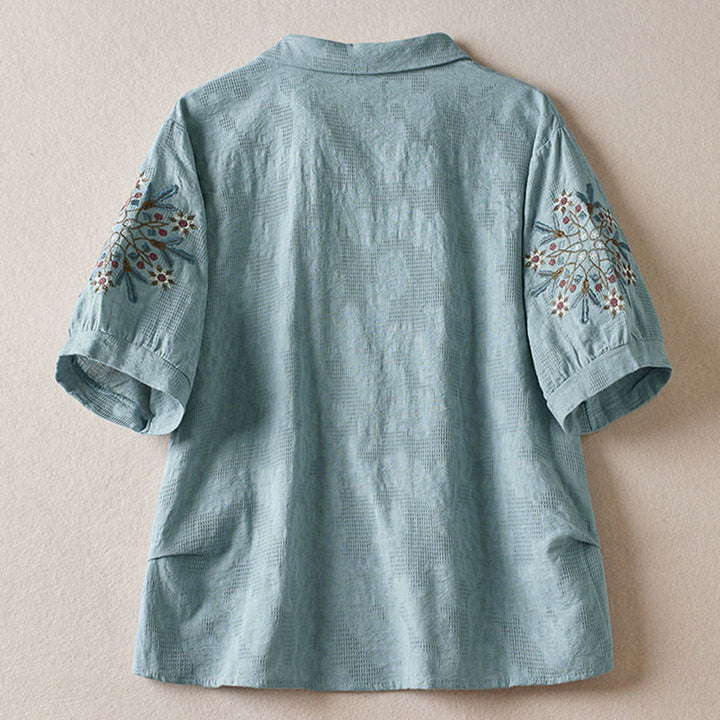 Buddha Stones Camiseta informal de algodón con solapa y estampado floral para mujer - image 9