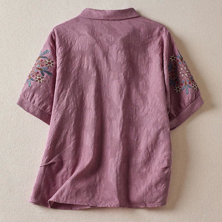 Buddha Stones Camiseta informal de algodón con solapa y estampado floral para mujer - image 1