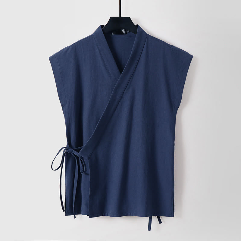 Buddha Stones Chaleco de lino y algodón para hombre, sin mangas, con cuello en V y color liso de verano - Marina de guerra - US./ UK/ 56, UE 66 (9XL) - image 15