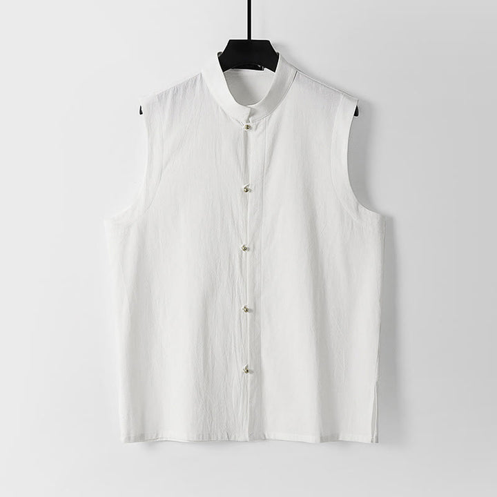 Buddha Stones Chaleco sin mangas de lino y algodón con cuello alto de color liso para hombre de verano - Blanco - US/UK/AU54, EU64 (9XL) - image 2