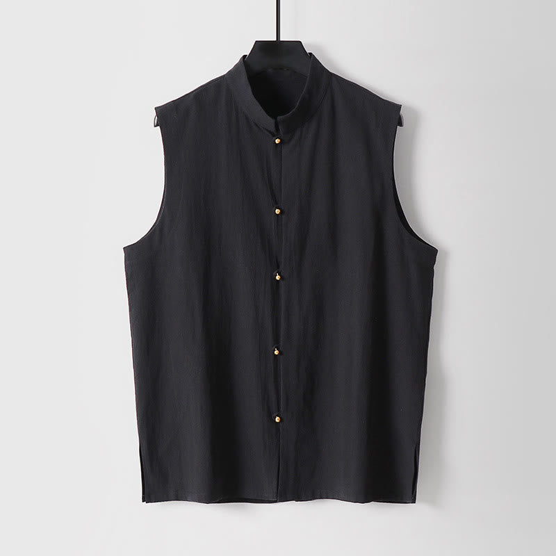 Buddha Stones Chaleco sin mangas de lino y algodón con cuello alto de color liso para hombre de verano - Negro - US/UK/AU54, EU64 (9XL) - image 4