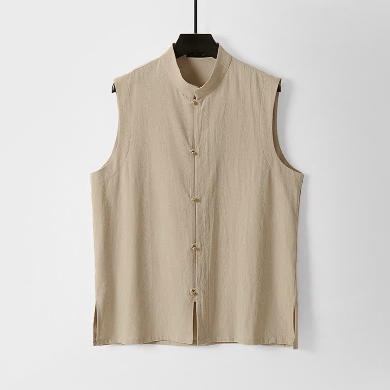 Buddha Stones Chaleco sin mangas de lino y algodón con cuello alto de color liso para hombre de verano - Trigo - US/UK/AU54, EU64 (9XL) - image 6