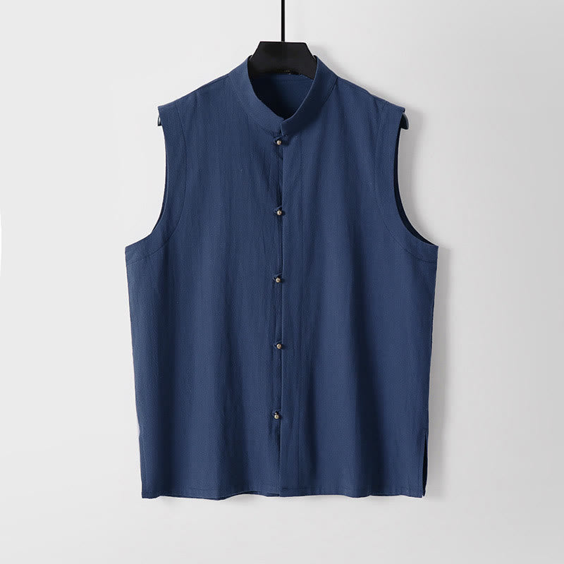 Buddha Stones Chaleco sin mangas de lino y algodón con cuello alto de color liso para hombre de verano - Marina de guerra - US/UK/AU54, EU64 (9XL) - image 14