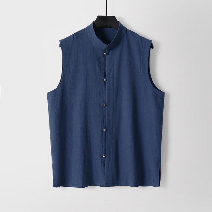 Buddha Stones Chaleco sin mangas de lino y algodón con cuello alto de color liso para hombre de verano - Marina de guerra - US/UK/AU54, EU64 (9XL) - image 14