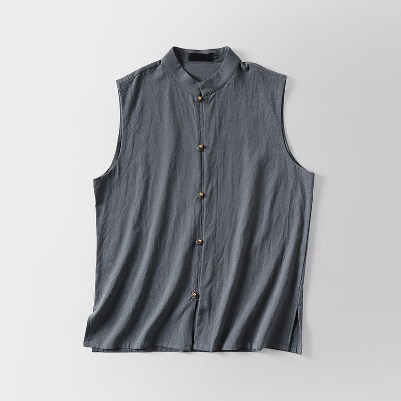 Buddha Stones Chaleco sin mangas de lino y algodón con cuello alto de color liso para hombre de verano - image 1