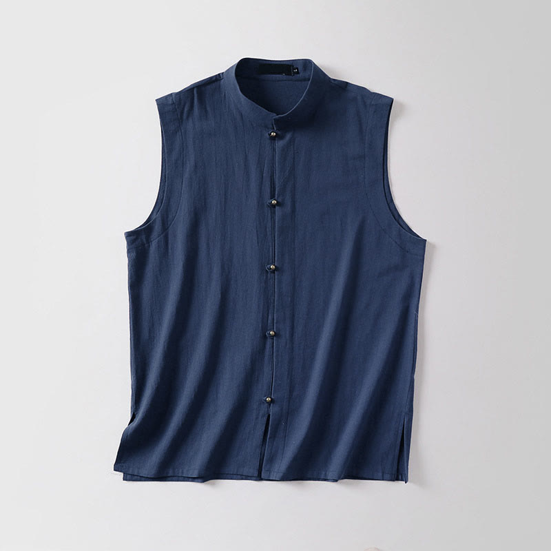 Buddha Stones Chaleco sin mangas de lino y algodón con cuello alto de color liso para hombre de verano - image 15