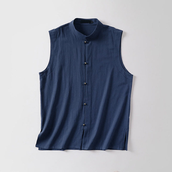 Buddha Stones Chaleco sin mangas de lino y algodón con cuello alto de color liso para hombre de verano - image 15