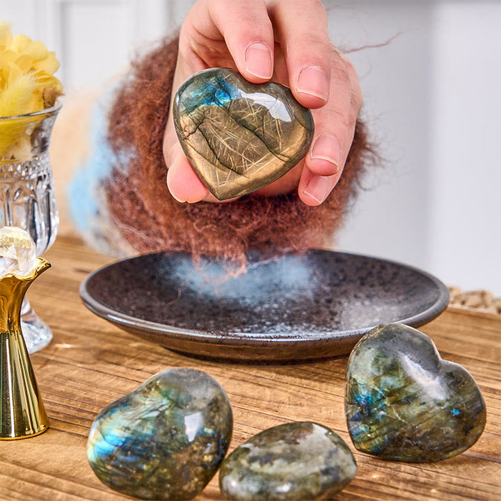 Buddha Stones Figura decorativa de labradorita con forma de corazón natural, curativa - image 5