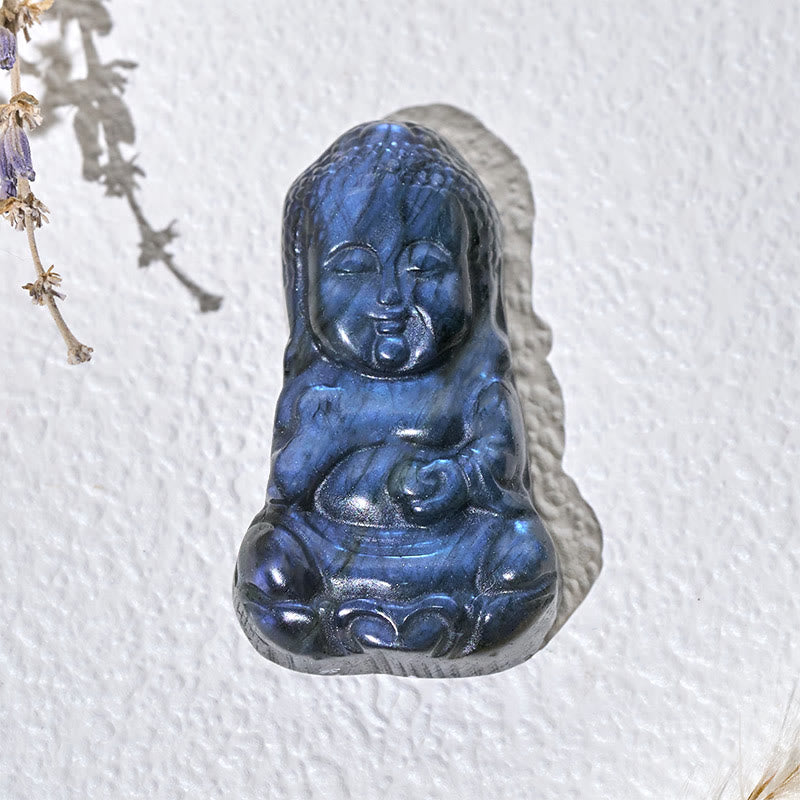 Buddha Stones Figura de labradorita natural con símbolo de Buda, estatua curativa para decoración del hogar - image 2