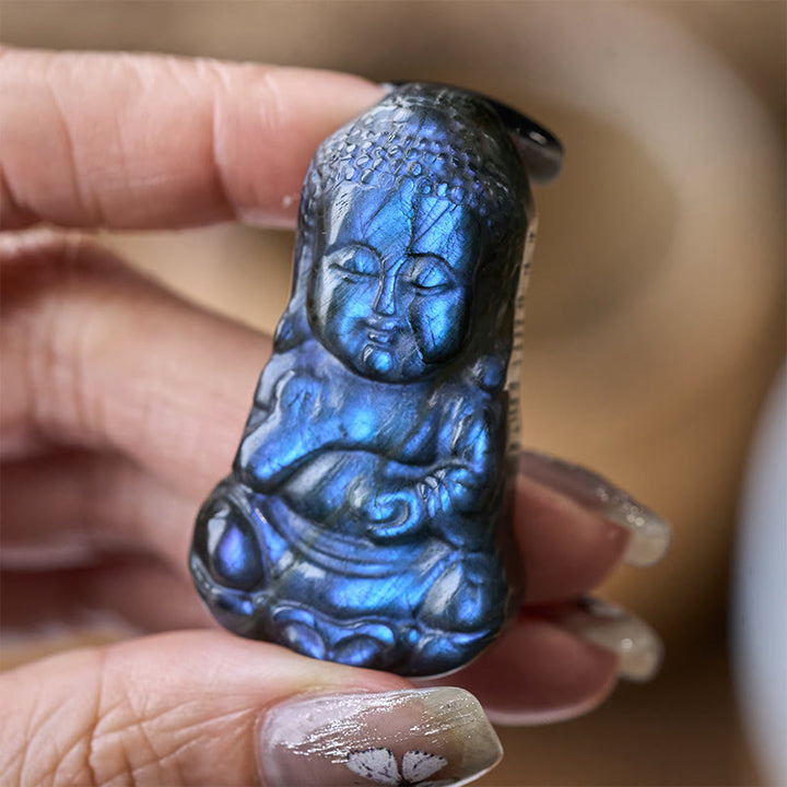 Buddha Stones Figura de labradorita natural con símbolo de Buda, estatua curativa para decoración del hogar - image 4