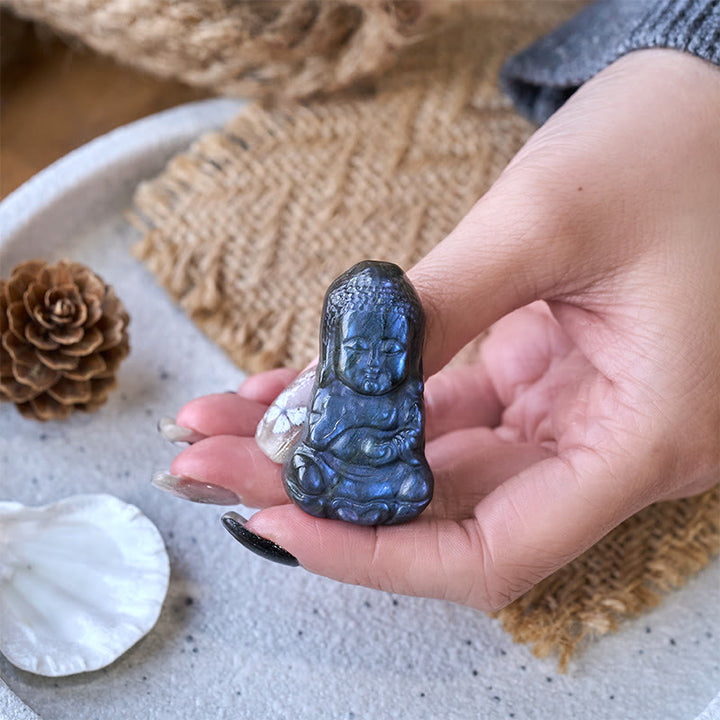 Buddha Stones Figura de labradorita natural con símbolo de Buda, estatua curativa para decoración del hogar - image 3